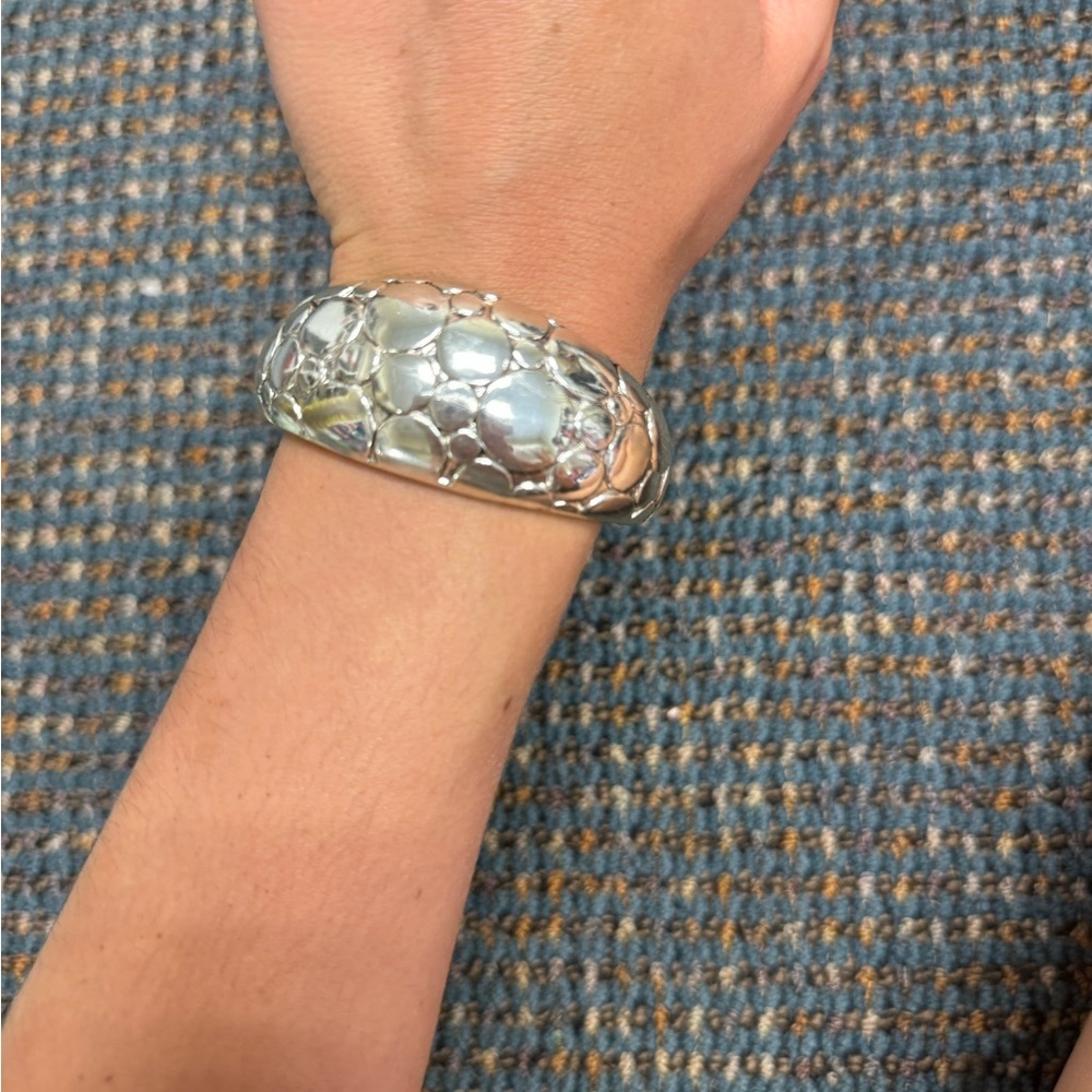 Silver Tone Pebble Textured Hinged Bangle Statement Bracelet Domed Bubble Design